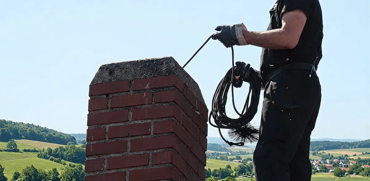 Chimney sweep inspecting and cleaning a rooftop chimney in Scottsdale, AZ